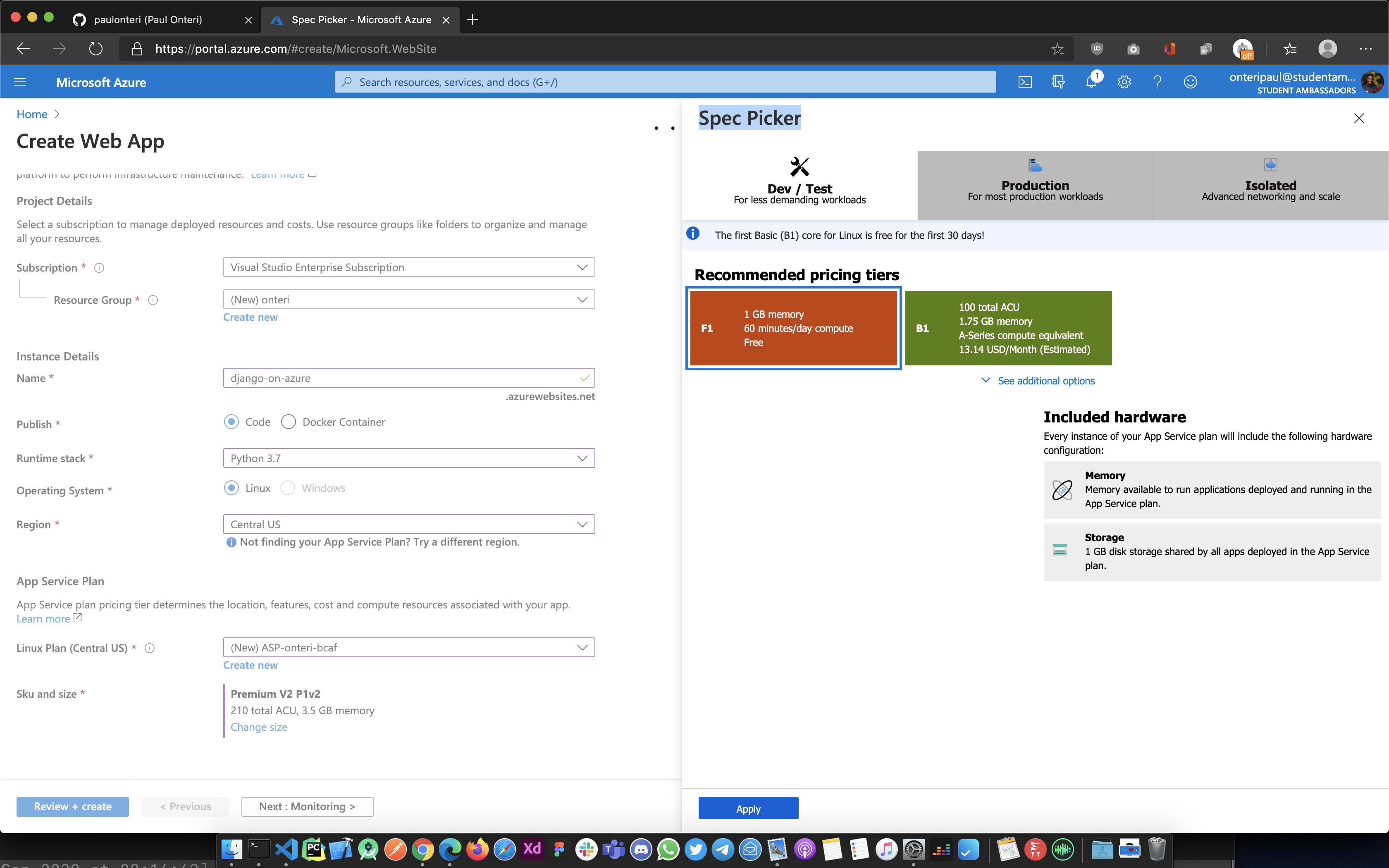 Azure App Service Spec Picker