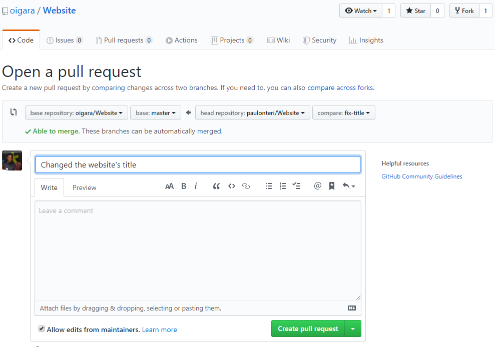 Give a small title and description for your pull request then click** Create pull request**.