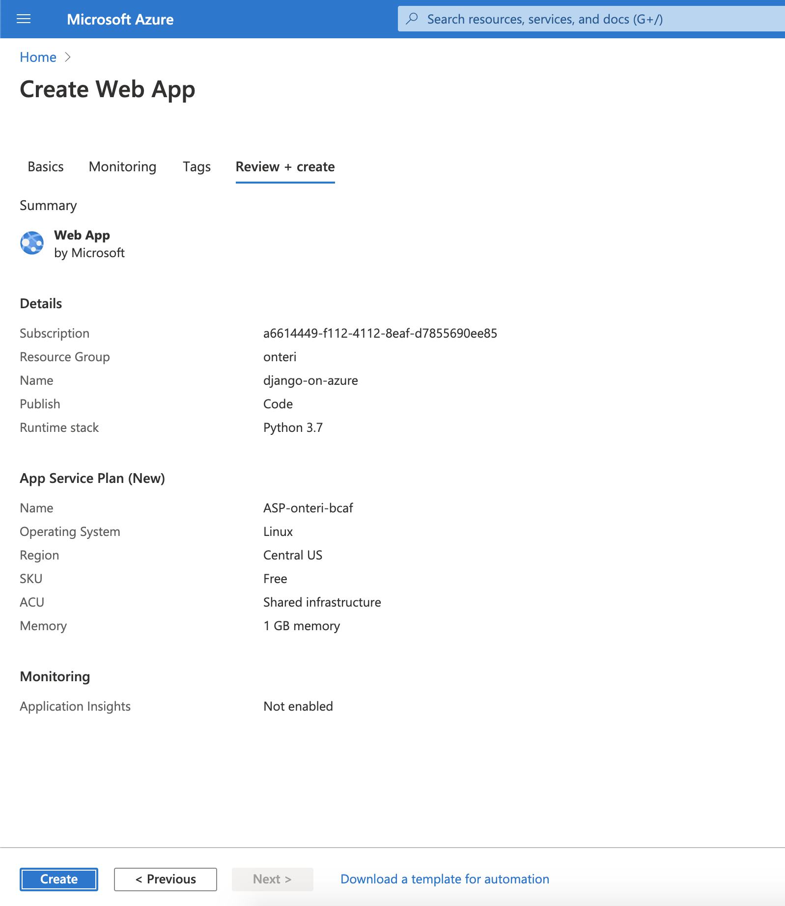 Azure App Service review & create