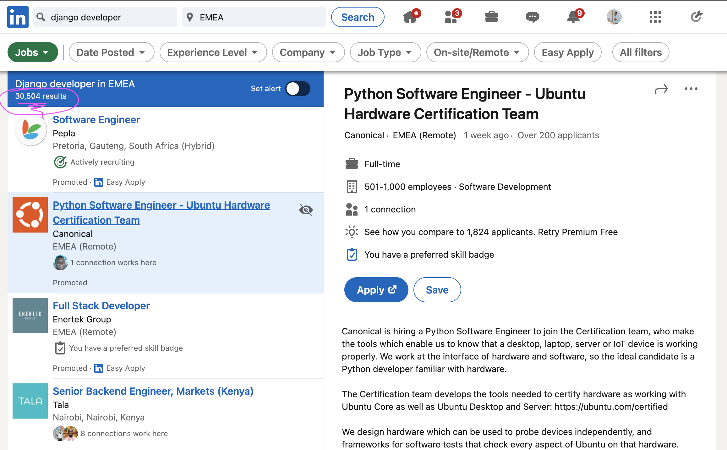 Django jobs on LinkedIn screenshot